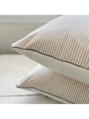 2 Pottery Barn Faux Fur Sherpa Wheaton Stripe EURO Pillow Covers Flax Tan Plush